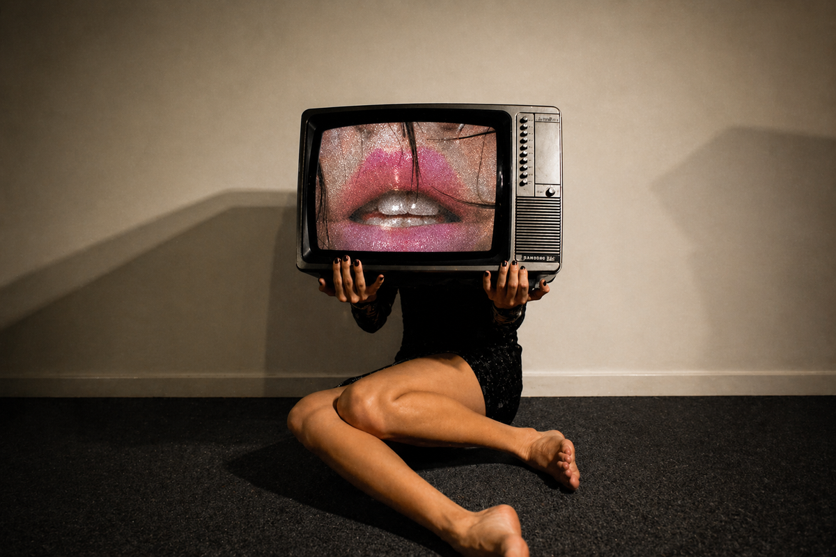 woman sitting on a charcoal floor holding a retro TV in front of her face, editorial-style, with a set of grainy lips on the screen